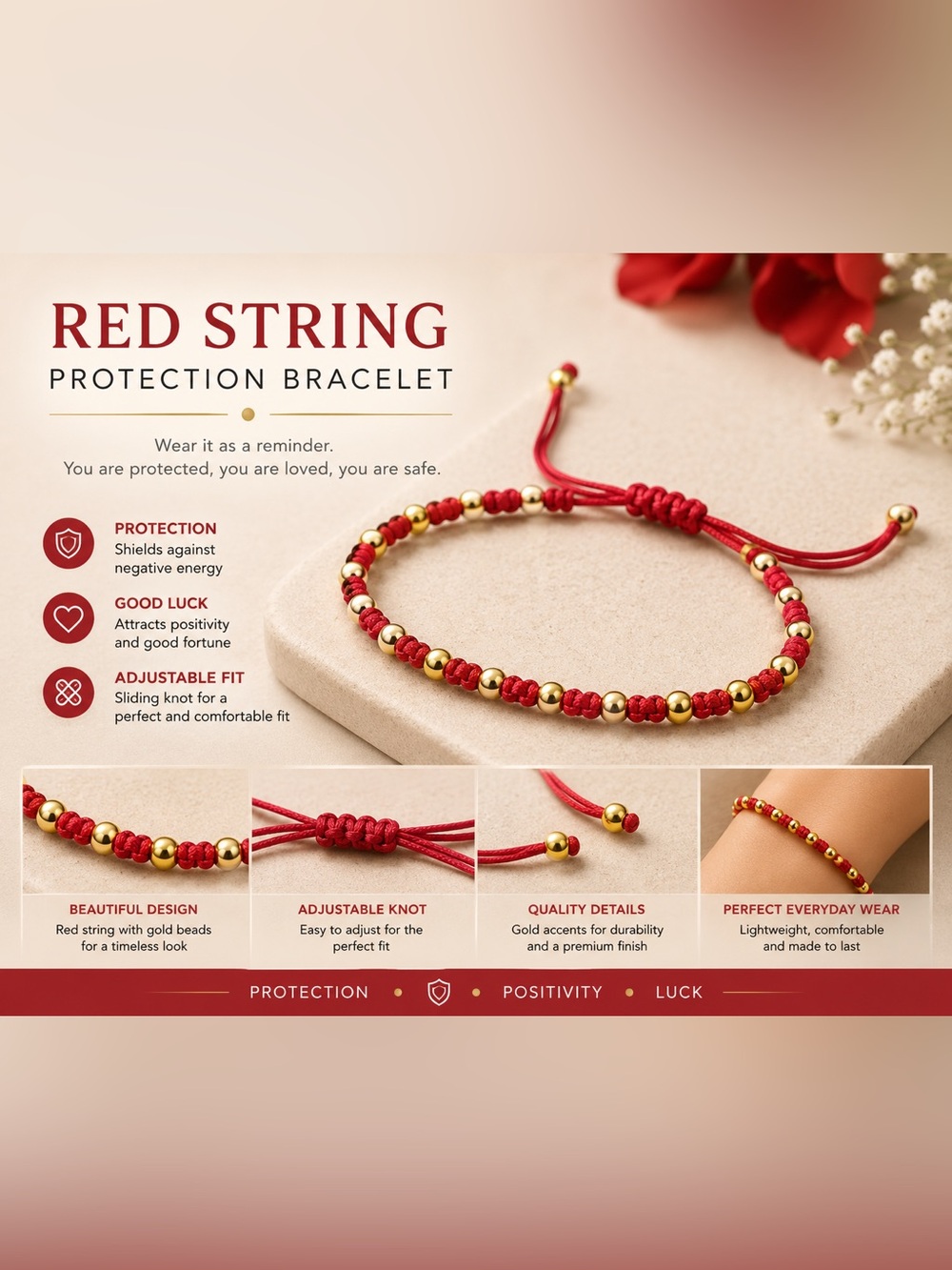 Red and Gold Protection String Bracelet - Adjustable Women’s Jewelry